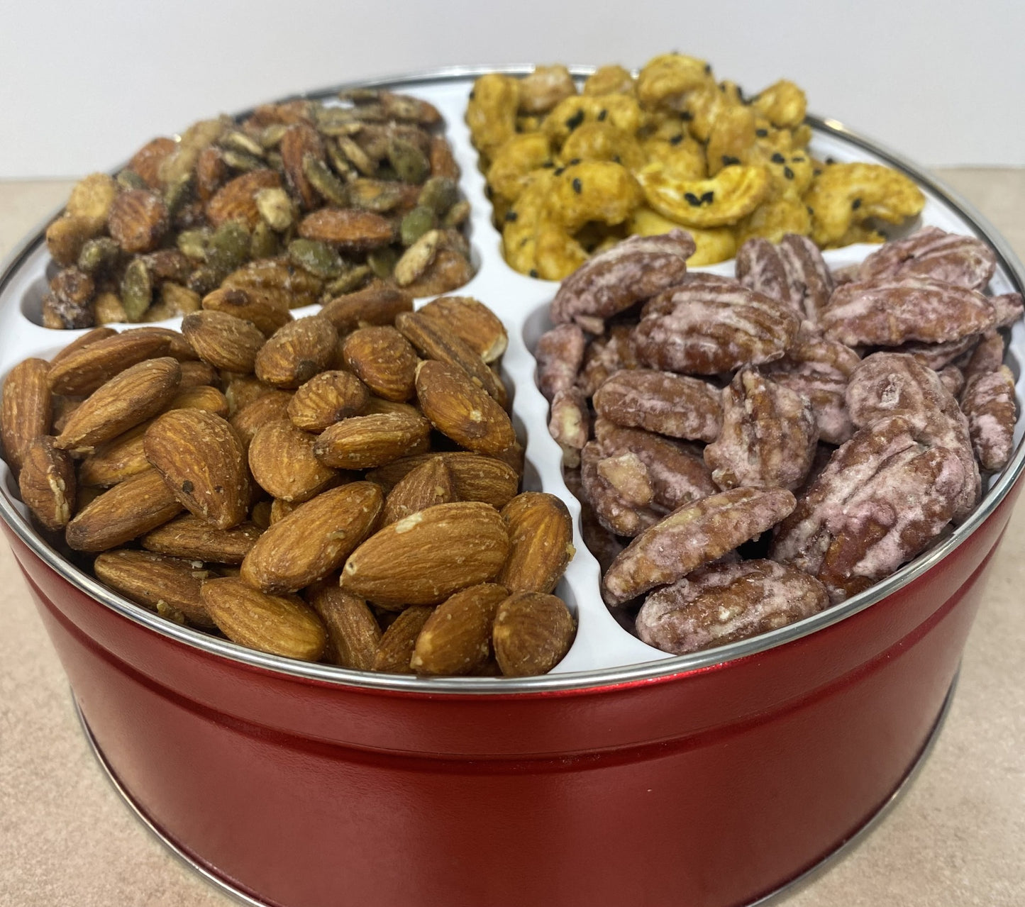 Nut Gift Tin Sweet Savory Spicy & Salty 2 pounds four nut choices SHIPS FREE!